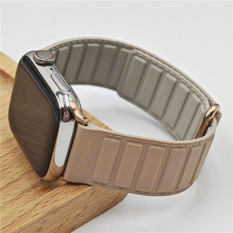 Silicone Strap for Apple Watch Series 10 9 8 7 SE 6 5 4 3 2 1 42mm 41mm 40mm 38mm Magnetic Reverse Buckle Watch Band - Milk Tea+ Rock Grey