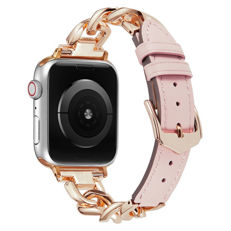 KALEBOL Replacement Strap for Apple Watch Series 10 9 8 7 SE 6 5 4 3 2 1 42mm 41mm 40mm 38mm Leather Chain Watch Band - Pink  /  Rose Gold