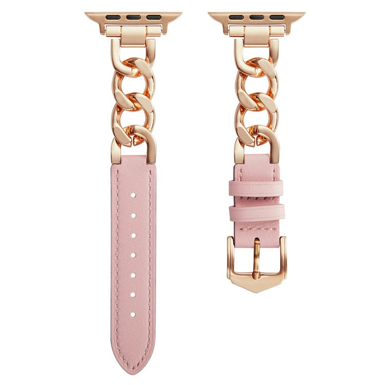KALEBOL Replacement Strap for Apple Watch Series 10 9 8 7 SE 6 5 4 3 2 1 42mm 41mm 40mm 38mm Leather Chain Watch Band - Pink  /  Rose Gold