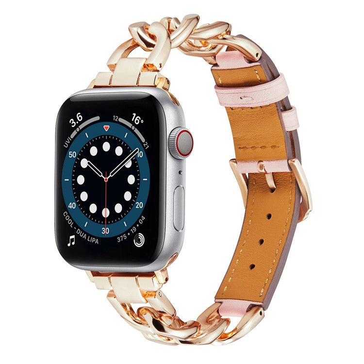 KALEBOL Replacement Strap for Apple Watch Series 10 9 8 7 SE 6 5 4 3 2 1 42mm 41mm 40mm 38mm Leather Chain Watch Band - Pink  /  Rose Gold