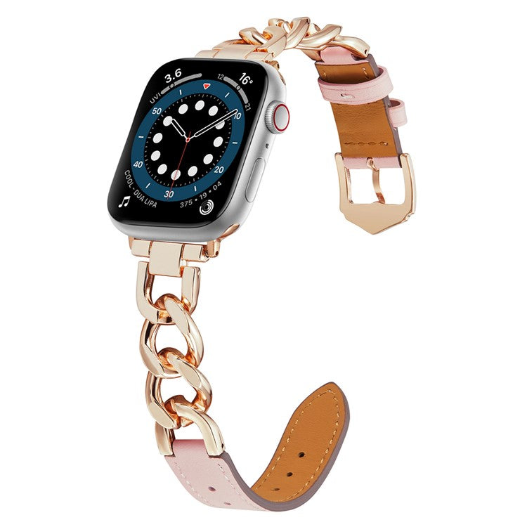 KALEBOL Replacement Strap for Apple Watch Series 10 9 8 7 SE 6 5 4 3 2 1 42mm 41mm 40mm 38mm Leather Chain Watch Band - Pink  /  Rose Gold