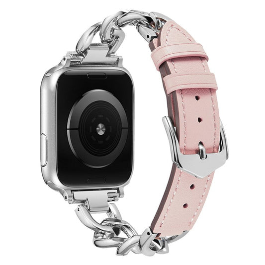 KALEBOL Leather Chain Strap for Apple Watch Series 10 Ultra 9 8 7 SE 6 5 4 3 2 1 46mm 49mm 45mm 44mm 42mm Watch Band - Pink  /  Silver
