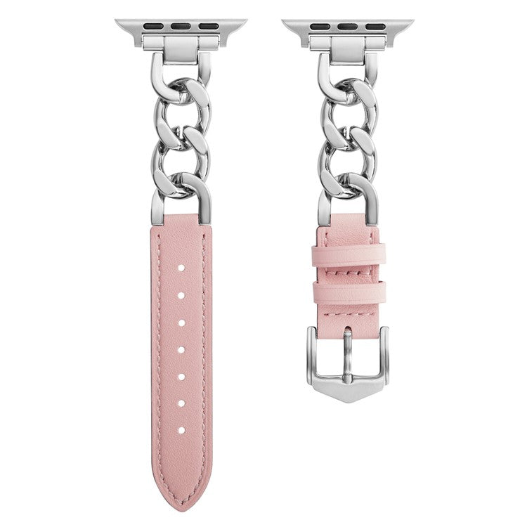 KALEBOL Leather Chain Strap for Apple Watch Series 10 Ultra 9 8 7 SE 6 5 4 3 2 1 46mm 49mm 45mm 44mm 42mm Watch Band - Pink  /  Silver