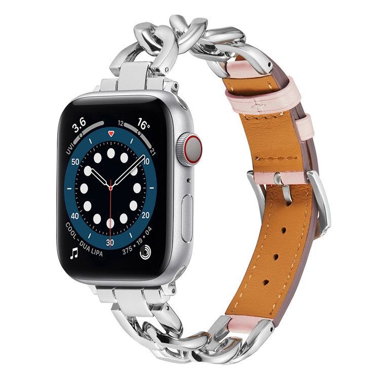 KALEBOL Leather Chain Strap for Apple Watch Series 10 Ultra 9 8 7 SE 6 5 4 3 2 1 46mm 49mm 45mm 44mm 42mm Watch Band - Pink  /  Silver