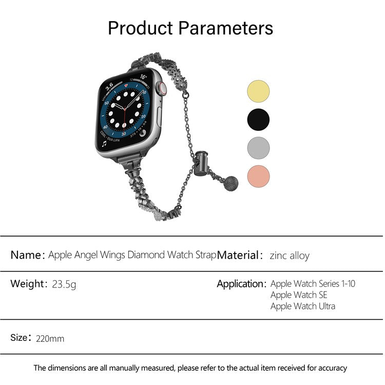 KALEBOL Rhinestone Watch Band for Apple Watch Series 10 9 8 7 SE 6 5 4 3 2 1 42mm 41mm 40mm 38mm Angel Wings Zinc Alloy Strap - Silver