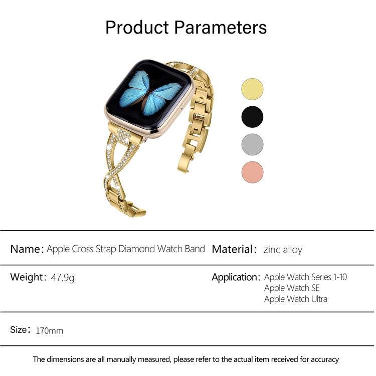 KALEBOL Cross Watch Band for Apple Watch Series 10 9 8 7 SE 6 5 4 3 2 1 42mm 41mm 40mm 38mm Rhinestone Zinc Alloy Wrist Strap - Gold