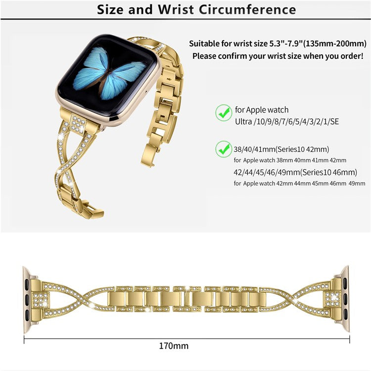 KALEBOL Cross Watch Band for Apple Watch Series 10 9 8 7 SE 6 5 4 3 2 1 42mm 41mm 40mm 38mm Rhinestone Zinc Alloy Wrist Strap - Gold