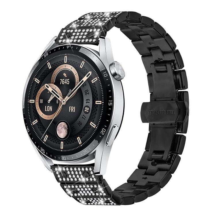 For Huawei Watch GT Runner Watch Band Alloy Metal Rhinestones Decor Strap with Butterfly Clasp - Black