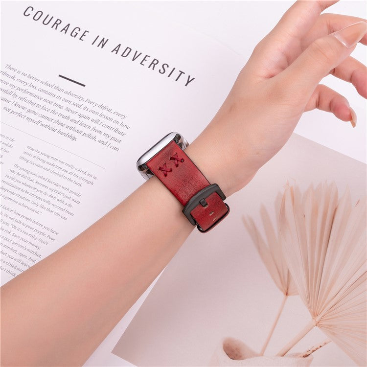 Watch Strap for Apple Watch Series 10 Ultra 9 8 7 SE 6 5 4 3 2 1 46mm 49mm 45mm 44mm 42mm Hand Stitched Lines Genuine Cow Leather Band - Red