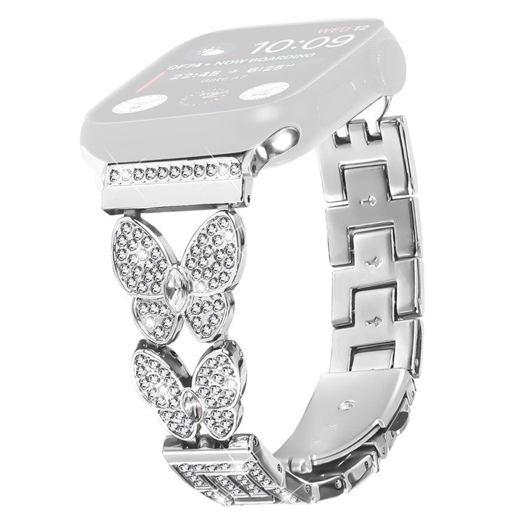 Watch Band For Apple Watch Series 10 Ultra 9 8 7 SE 6 5 4 3 2 1 46mm 49mm 45mm 44mm 42mm Butterfly Rhinestones Decor Silver Alloy Metal Strap