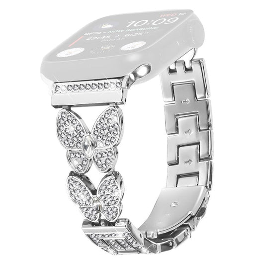 Watch Band For Apple Watch Series 10 Ultra 9 8 7 SE 6 5 4 3 2 1 46mm 49mm 45mm 44mm 42mm Butterfly Rhinestones Decor Silver Alloy Metal Strap