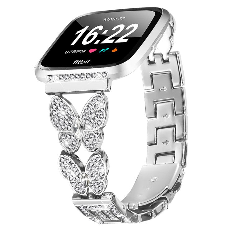 For Fitbit Versa / Versa 2 Watch Band Butterfly Rhinestones Decor Silver Alloy Metal Strap