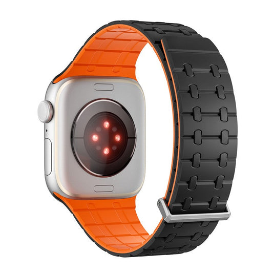 Silicone Watch Strap for Apple Watch Series 10 Ultra 9 8 7 SE 6 5 4 3 2 1 46mm 49mm 45mm 44mm 42mm Magnetic Aluminum Buckle Band - Black+Orange