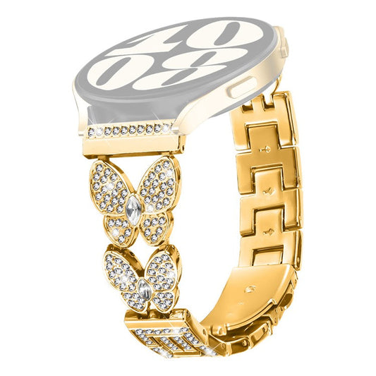 For Garmin Forerunner 255 Music Metal Band Butterfly Rhinestones Decor Watch Strap - Gold