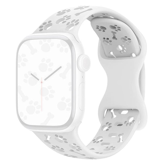 Silicone Band For Apple Watch Series 10 9 8 7 SE 6 5 4 3 2 1 42mm 41mm 40mm 38mm Dog Paw Bone Design Watch Strap - White