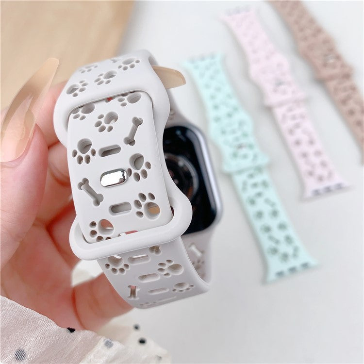 Silicone Band For Apple Watch Series 10 9 8 7 SE 6 5 4 3 2 1 42mm 41mm 40mm 38mm Dog Paw Bone Design Watch Strap - White