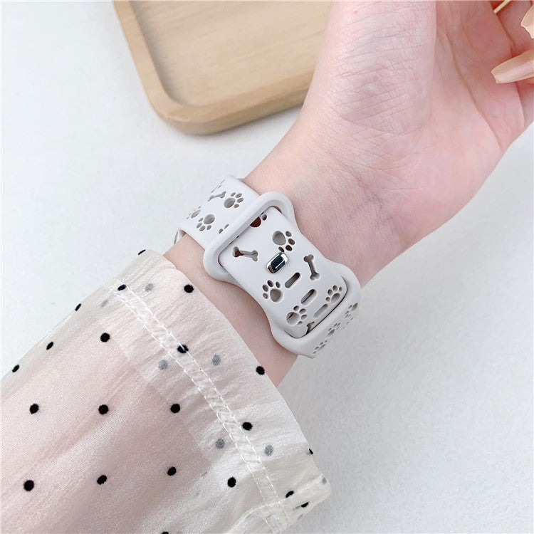 Silicone Band For Apple Watch Series 10 9 8 7 SE 6 5 4 3 2 1 42mm 41mm 40mm 38mm Dog Paw Bone Design Watch Strap - White
