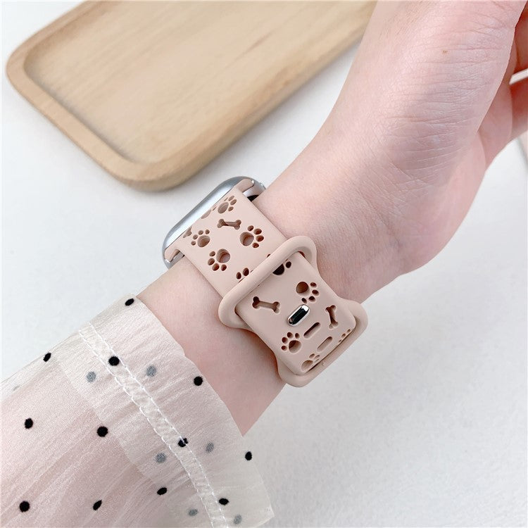 Silicone Band For Apple Watch Series 10 9 8 7 SE 6 5 4 3 2 1 42mm 41mm 40mm 38mm Dog Paw Bone Design Watch Strap - White