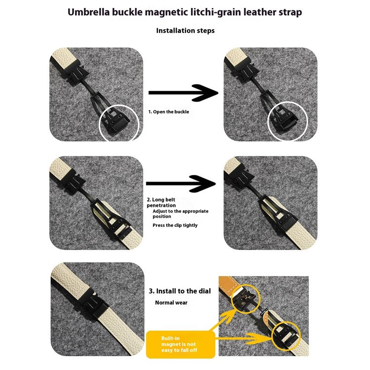 20mm Universal Genuine Cow Leather Strap Litchi Texture Magnetic Buckle Watch Band - Apricot