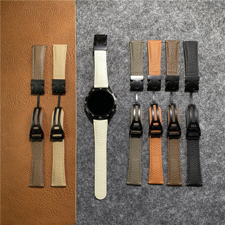 22mm Universal Genuine Cow Leather Strap Litchi Texture Magnetic Buckle Watch Band - Black