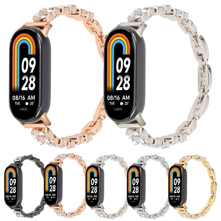 Metal Watch Strap For Xiaomi Smart Band 9 NFC  /  9  /  8 Wheat-Shaped Rhinestone Adjustable Wrist Band Replacement Bracelet - Gold