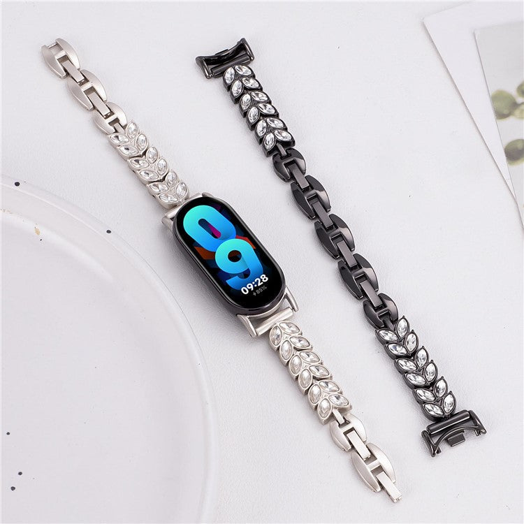 Metal Watch Strap For Xiaomi Smart Band 9 NFC  /  9  /  8 Wheat-Shaped Rhinestone Adjustable Wrist Band Replacement Bracelet - Gold