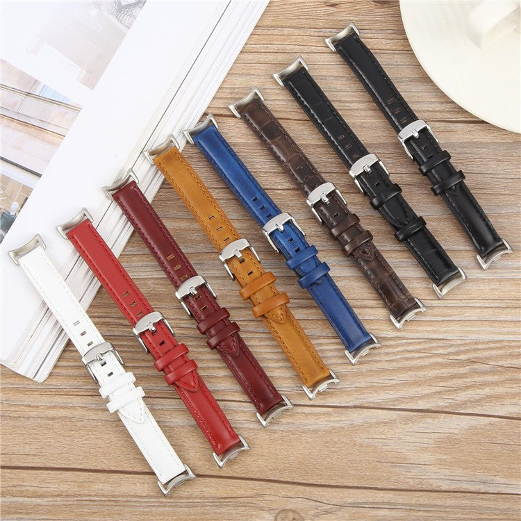 Genuine Cow Leather Watch Strap for Xiaomi Smart Band 9 NFC / 9 / 8 Wrist Band with Silver Metal Connector - Black / Bamboo Joint