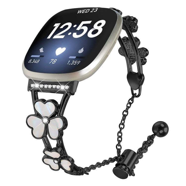 For Fitbit Versa 4 / Sense 2 Watchband Heart Clover Decor Zinc Alloy Metal Strap - Black