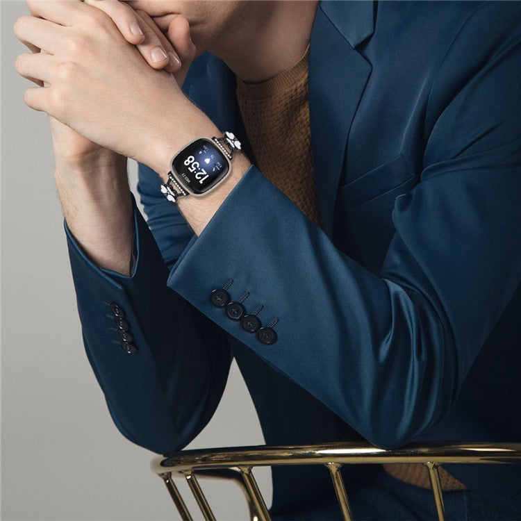 For Fitbit Versa 4 / Sense 2 Watchband Heart Clover Decor Zinc Alloy Metal Strap - Black