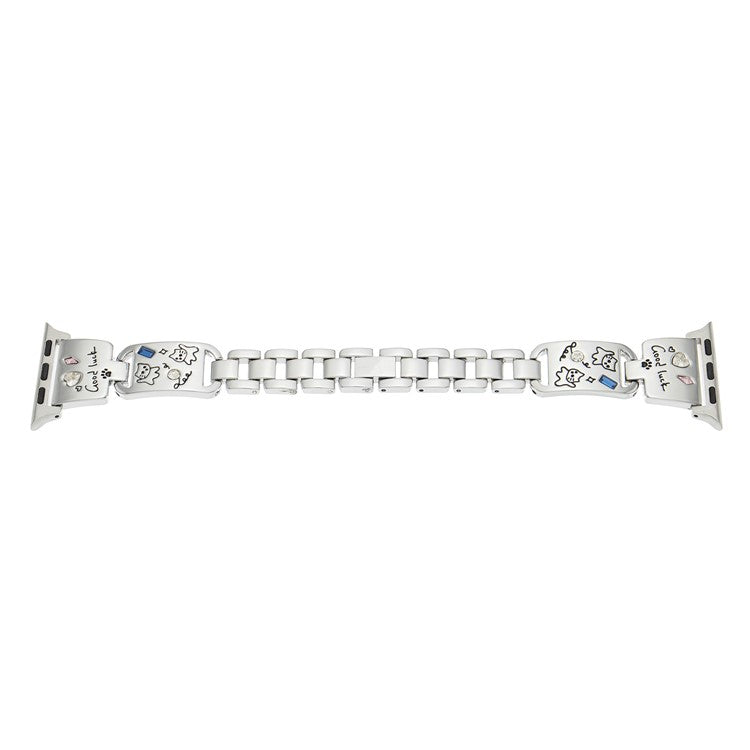Metal Strap for Apple Watch Series 10 9 8 7 SE 6 5 4 3 2 1 42mm 41mm 40mm 38mm Watch Band Cat Pattern - Silver