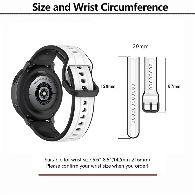 KALEBOL 20mm Silicone Watch Strap for Samsung Galaxy Watch6 Classic 47mm / 43mm / Huawei Watch GT 3 Pro 43mm Dual Color Wrist Band - White+Black