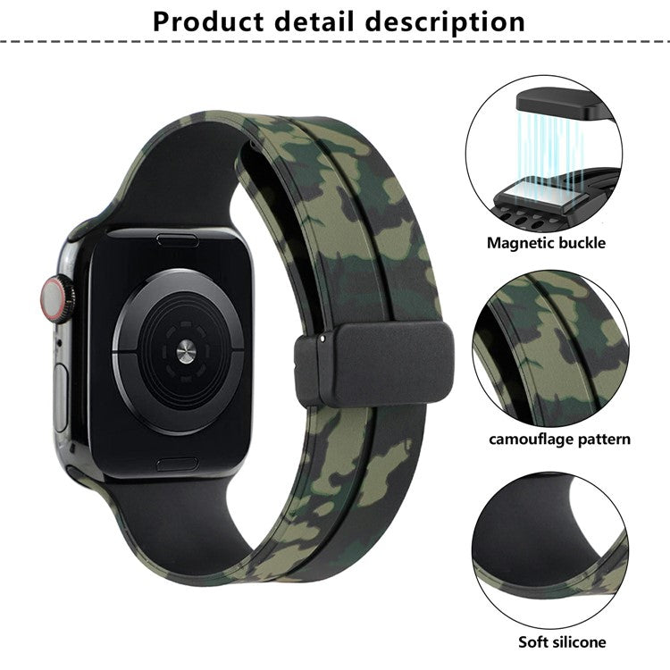 KALEBOL Camouflage Silicone Strap for Apple Watch Series 10 9 8 7 SE 6 5 4 3 2 1 42mm 41mm 40mm 38mm Magnetic Watch Band - Army Green