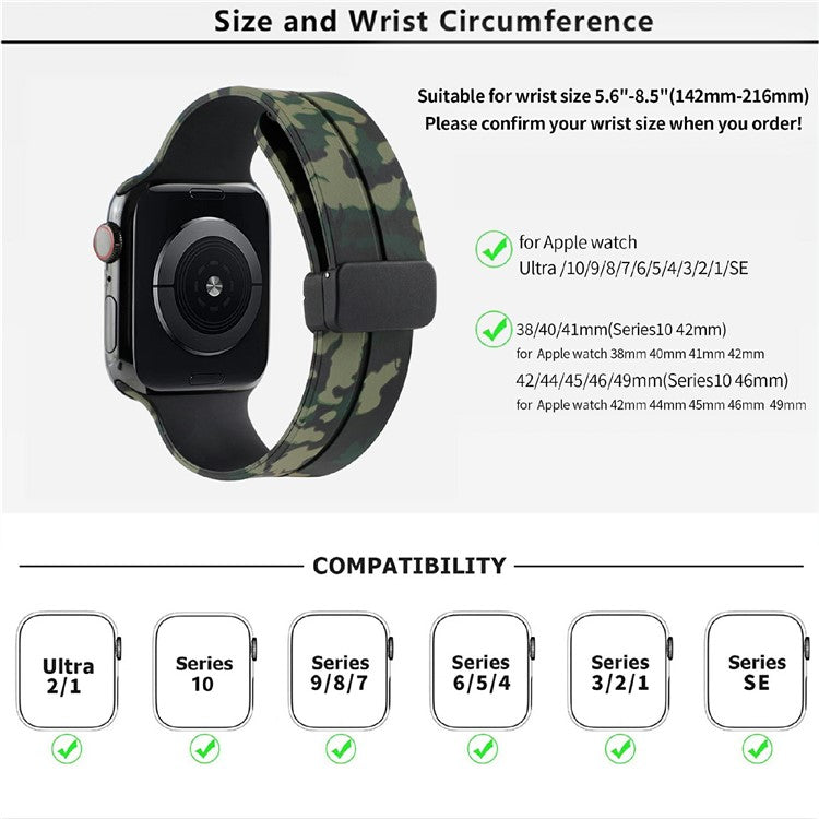 KALEBOL Camouflage Silicone Strap for Apple Watch Series 10 9 8 7 SE 6 5 4 3 2 1 42mm 41mm 40mm 38mm Magnetic Watch Band - Army Green
