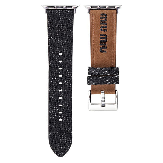 Watch Band For Apple Watch Series 10 Ultra 9 8 7 SE 6 5 4 3 2 1 46mm 49mm 45mm 44mm 42mm Embroidered Denim Leather Strap - Brown  /  Black
