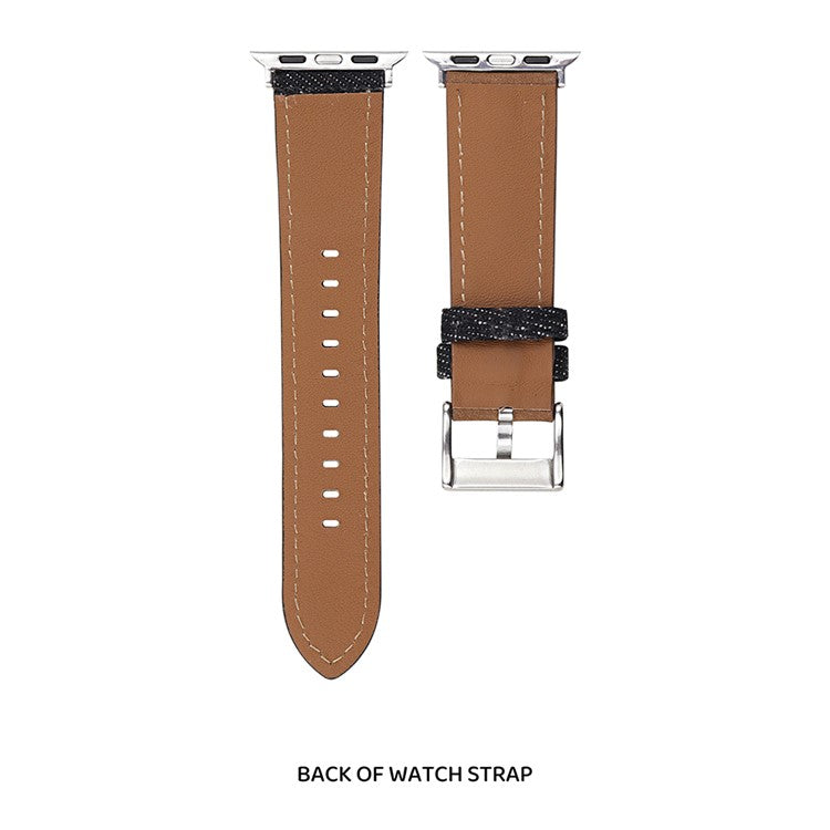 Watch Band For Apple Watch Series 10 Ultra 9 8 7 SE 6 5 4 3 2 1 46mm 49mm 45mm 44mm 42mm Embroidered Denim Leather Strap - Brown  /  Black