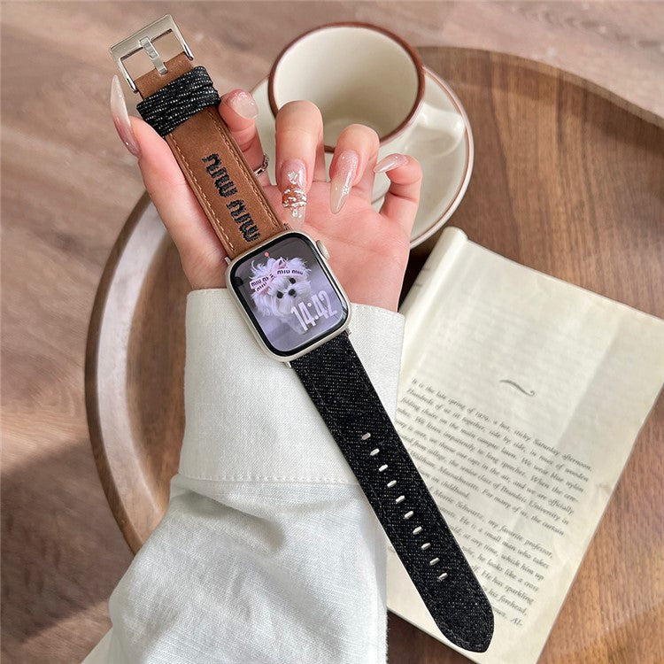Watch Band For Apple Watch Series 10 Ultra 9 8 7 SE 6 5 4 3 2 1 46mm 49mm 45mm 44mm 42mm Embroidered Denim Leather Strap - Brown  /  Black