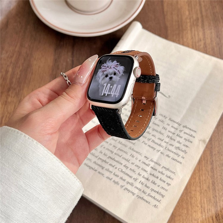 Watch Band For Apple Watch Series 10 Ultra 9 8 7 SE 6 5 4 3 2 1 46mm 49mm 45mm 44mm 42mm Embroidered Denim Leather Strap - Brown  /  Black