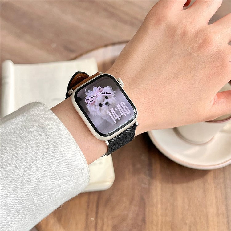 Watch Band For Apple Watch Series 10 Ultra 9 8 7 SE 6 5 4 3 2 1 46mm 49mm 45mm 44mm 42mm Embroidered Denim Leather Strap - Brown  /  Black