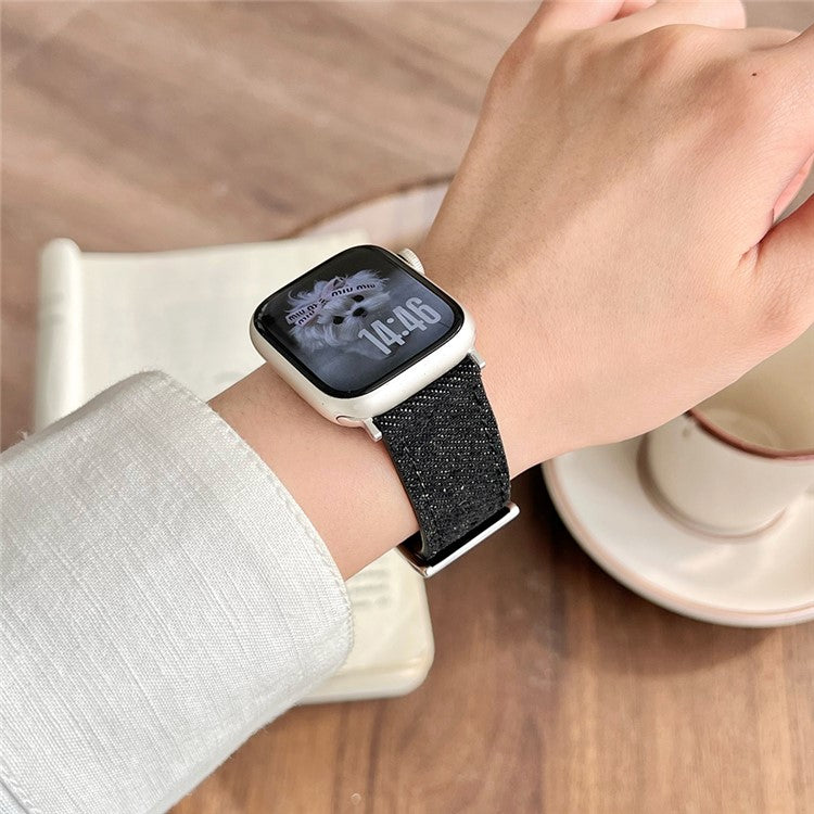 Watch Band For Apple Watch Series 10 Ultra 9 8 7 SE 6 5 4 3 2 1 46mm 49mm 45mm 44mm 42mm Embroidered Denim Leather Strap - Brown  /  Black