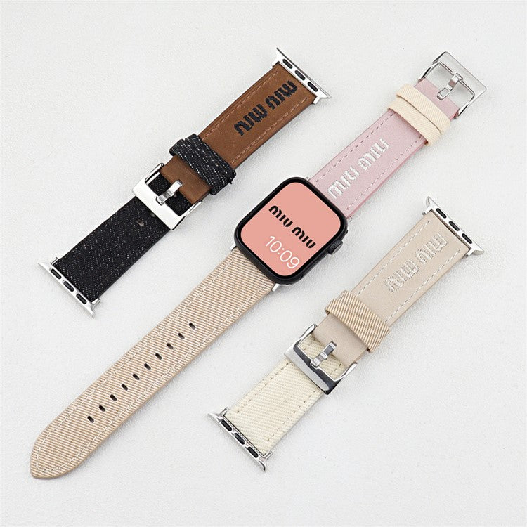 Watch Band For Apple Watch Series 10 Ultra 9 8 7 SE 6 5 4 3 2 1 46mm 49mm 45mm 44mm 42mm Embroidered Denim Leather Strap - Brown  /  Black