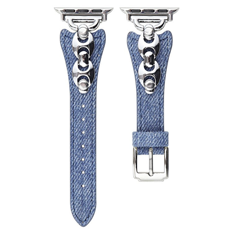 Watch Band For Apple Watch Series 10 Ultra 9 8 7 SE 6 5 4 3 2 1 46mm 49mm 45mm 44mm 42mm Metal D-Buckle Denim Leather Strap - Blue  /  Silver