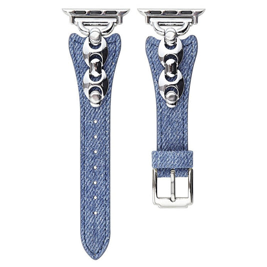 Watch Band For Apple Watch Series 10 Ultra 9 8 7 SE 6 5 4 3 2 1 46mm 49mm 45mm 44mm 42mm Metal D-Buckle Denim Leather Strap - Blue  /  Silver