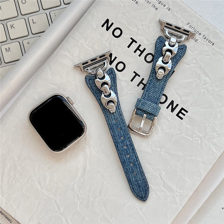 Watch Band For Apple Watch Series 10 Ultra 9 8 7 SE 6 5 4 3 2 1 46mm 49mm 45mm 44mm 42mm Metal D-Buckle Denim Leather Strap - Blue  /  Silver