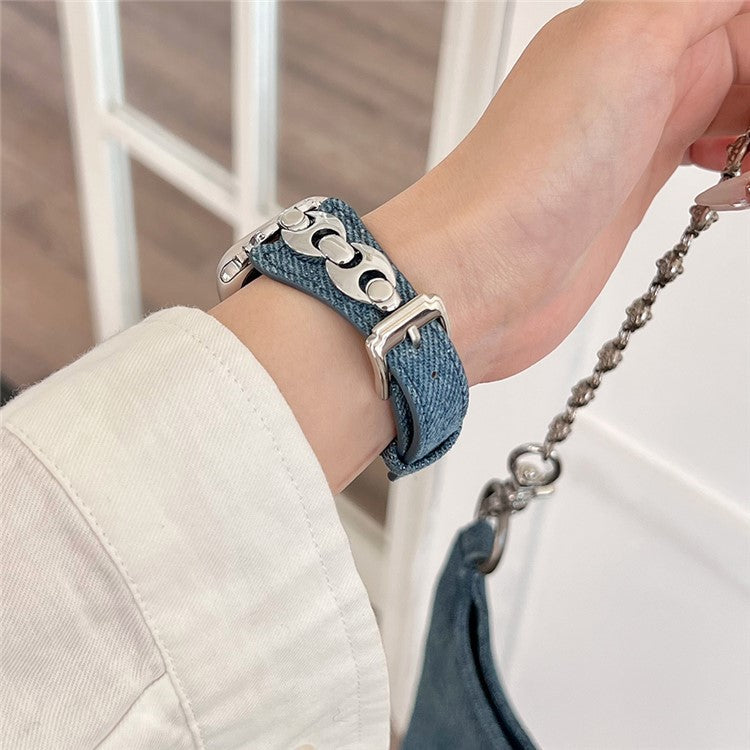 Watch Band For Apple Watch Series 10 Ultra 9 8 7 SE 6 5 4 3 2 1 46mm 49mm 45mm 44mm 42mm Metal D-Buckle Denim Leather Strap - Blue  /  Silver