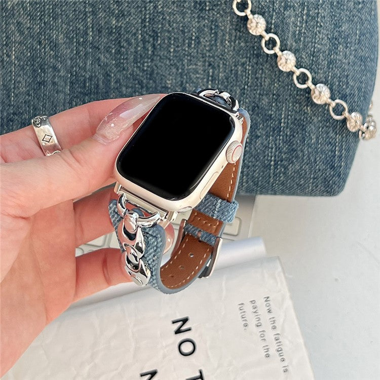Watch Band For Apple Watch Series 10 Ultra 9 8 7 SE 6 5 4 3 2 1 46mm 49mm 45mm 44mm 42mm Metal D-Buckle Denim Leather Strap - Blue  /  Silver