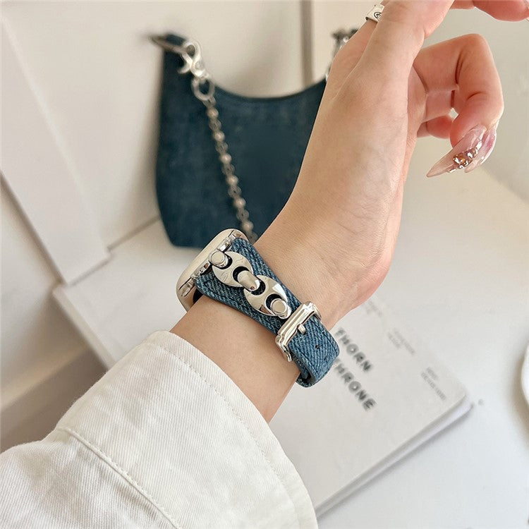 Watch Band For Apple Watch Series 10 Ultra 9 8 7 SE 6 5 4 3 2 1 46mm 49mm 45mm 44mm 42mm Metal D-Buckle Denim Leather Strap - Blue  /  Silver