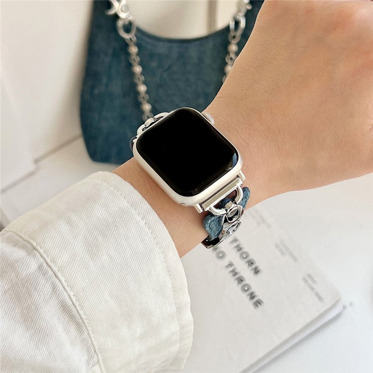 Watch Band For Apple Watch Series 10 Ultra 9 8 7 SE 6 5 4 3 2 1 46mm 49mm 45mm 44mm 42mm Metal D-Buckle Denim Leather Strap - Blue  /  Silver