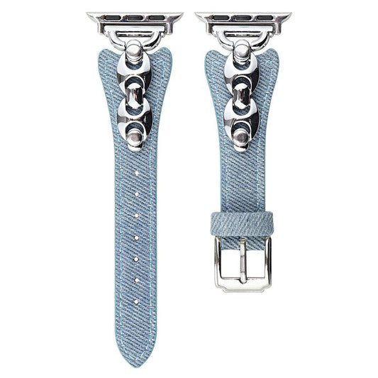 Watch Band For Apple Watch Series 10 Ultra 9 8 7 SE 6 5 4 3 2 1 46mm 49mm 45mm 44mm 42mm Metal D-Buckle Denim Leather Strap - Baby Blue  /  Silver