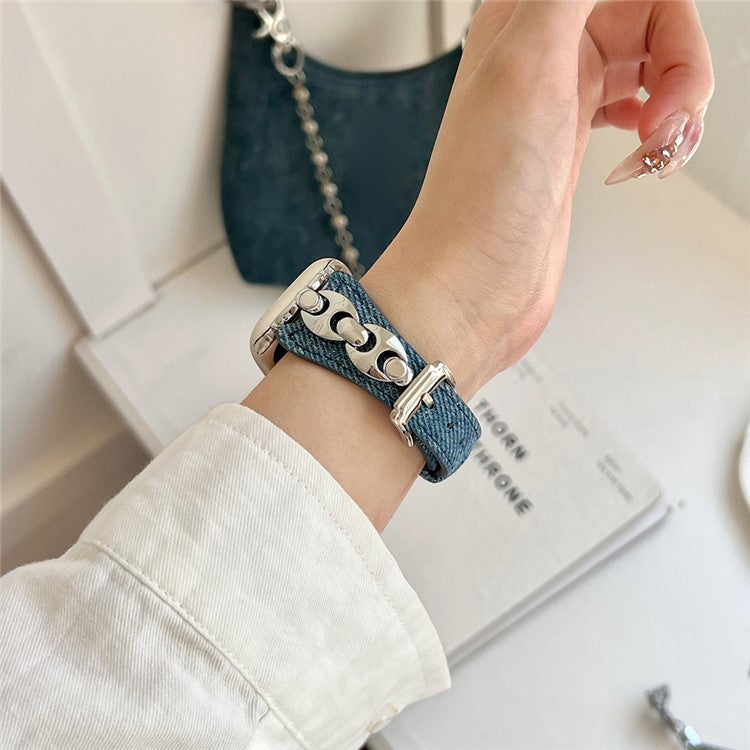 Watch Band For Apple Watch Series 10 Ultra 9 8 7 SE 6 5 4 3 2 1 46mm 49mm 45mm 44mm 42mm Metal D-Buckle Denim Leather Strap - Baby Blue  /  Silver