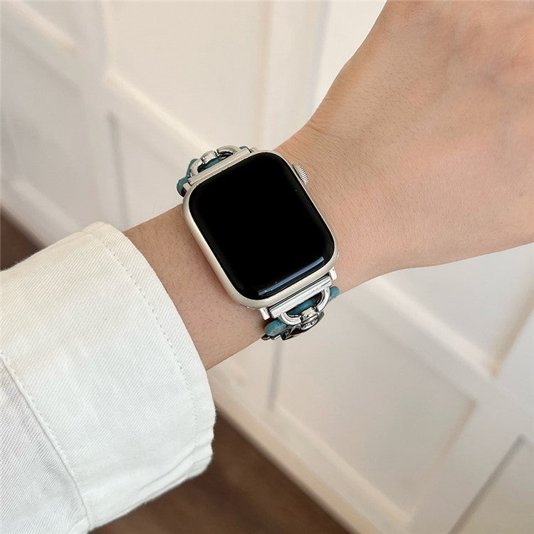 Watch Band For Apple Watch Series 10 Ultra 9 8 7 SE 6 5 4 3 2 1 46mm 49mm 45mm 44mm 42mm Metal D-Buckle Denim Leather Strap - Baby Blue  /  Silver